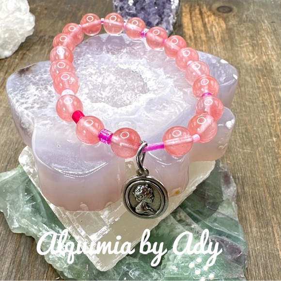Cherry Quartz beaded gemstone bracelet/ heart chakra healing crystal - Picture 1 of 5